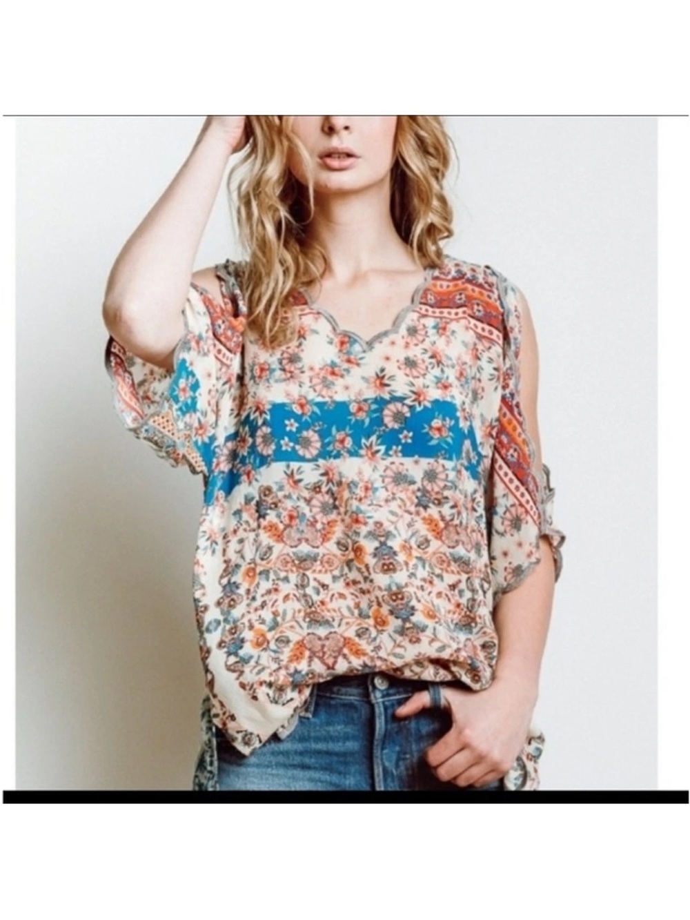 Johnny Was Cream Floral Cold-Shoulder Top with Blue Accents